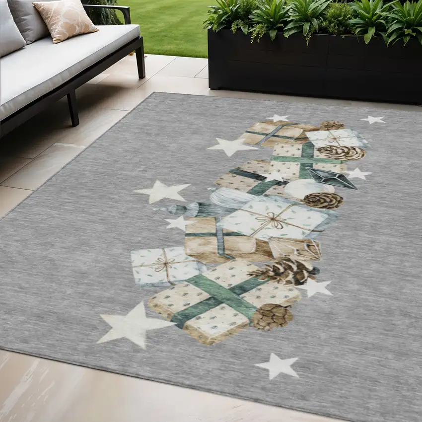 Gray Beige Ivory And Taupe Geometric Washable Indoor Outdoor Area Rug Photo 2