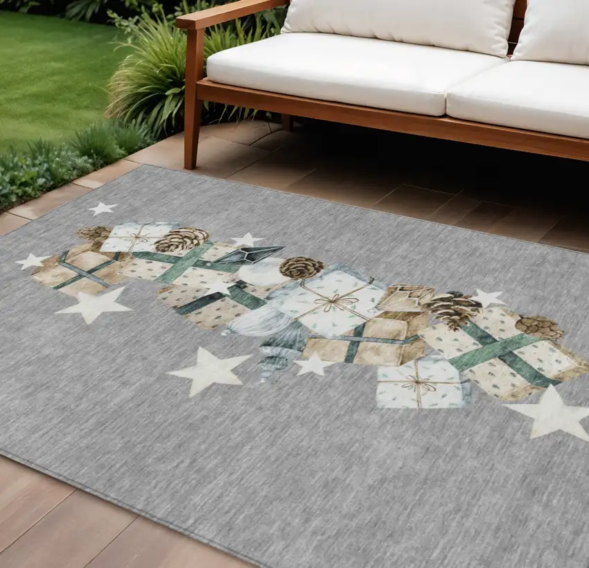 Gray Beige Ivory And Taupe Geometric Washable Indoor Outdoor Area Rug Photo 2