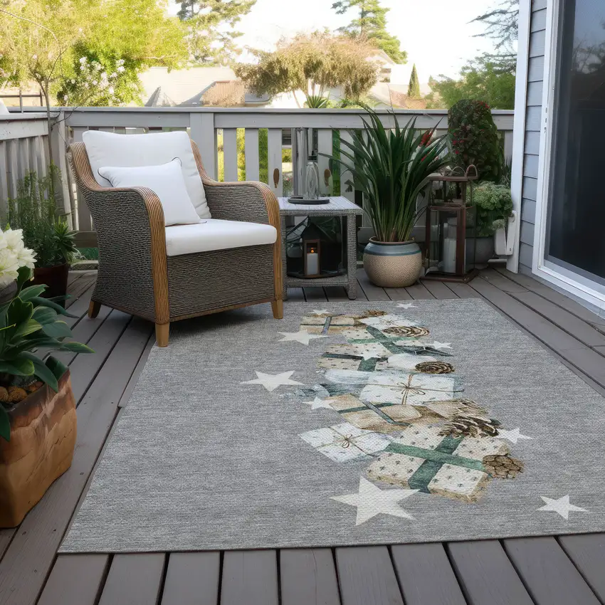 Gray Beige Ivory And Taupe Geometric Washable Indoor Outdoor Area Rug Photo 9