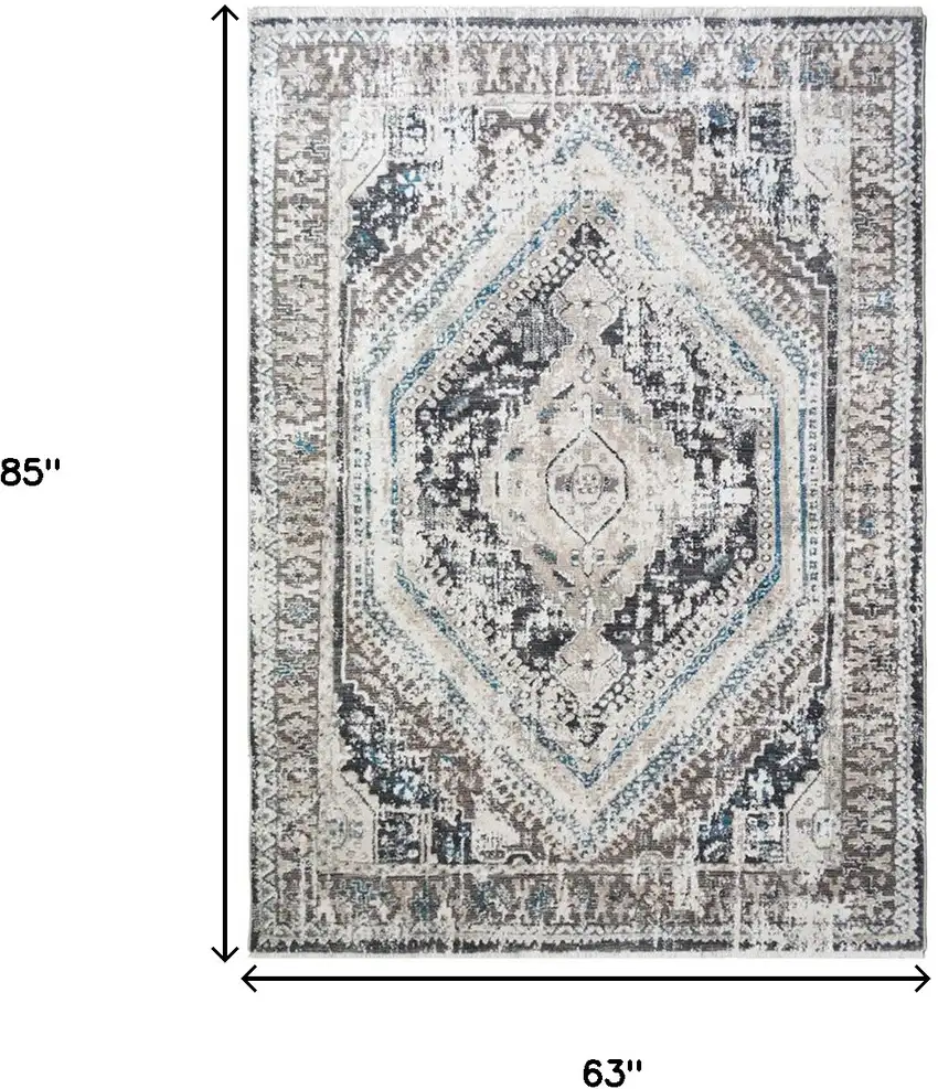 Gray Beige and Blue Geometric Distressed Area Rug With Fringe Photo 5