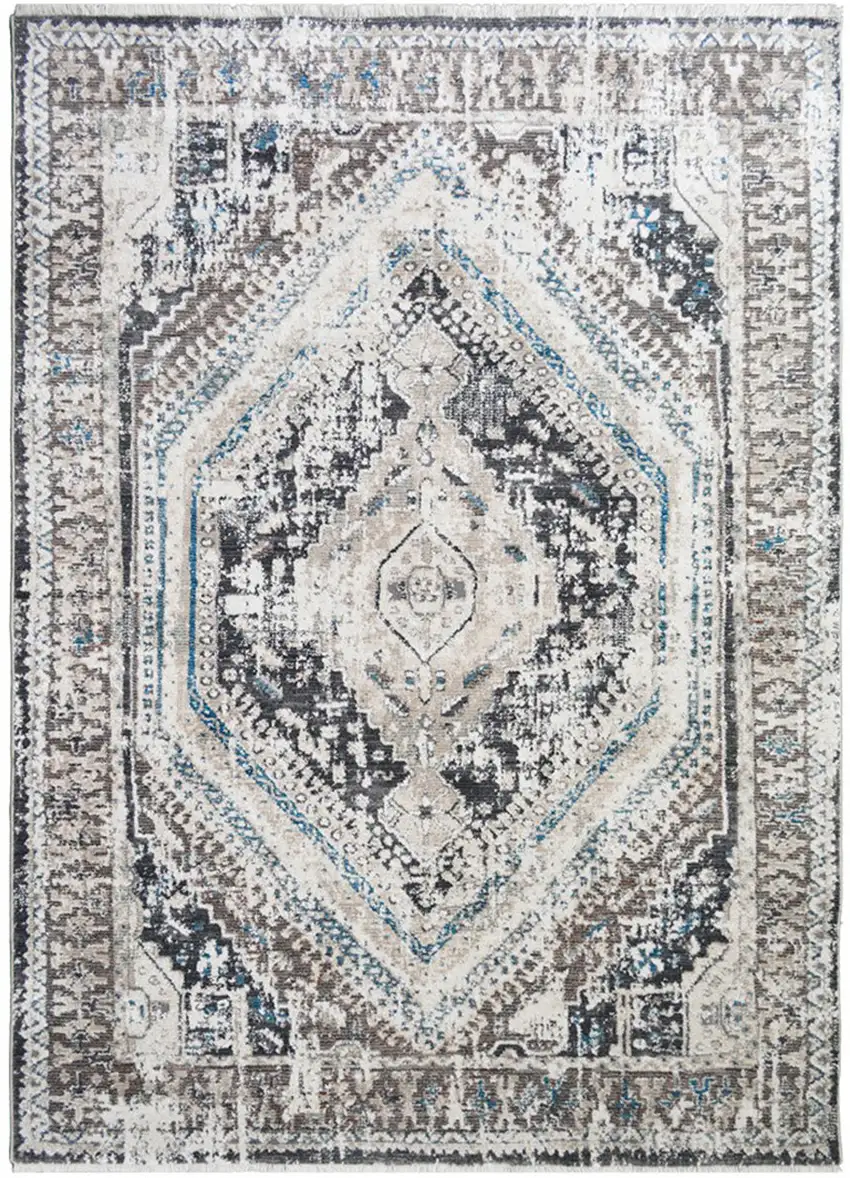 Gray Beige and Blue Geometric Distressed Area Rug With Fringe Photo 4