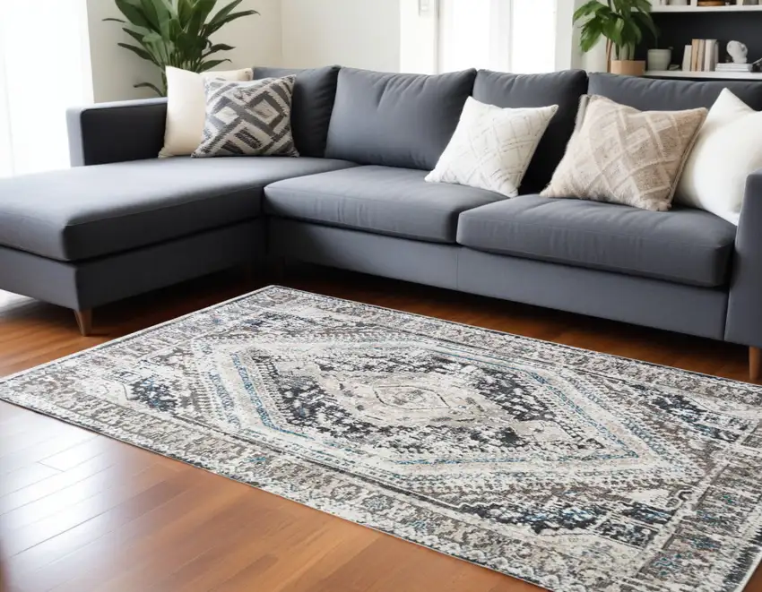 Gray Beige and Blue Geometric Distressed Area Rug With Fringe Photo 1