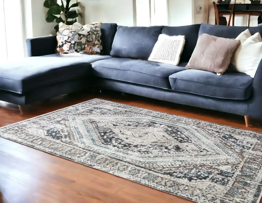 Gray Beige and Blue Geometric Distressed Area Rug With Fringe Photo 1