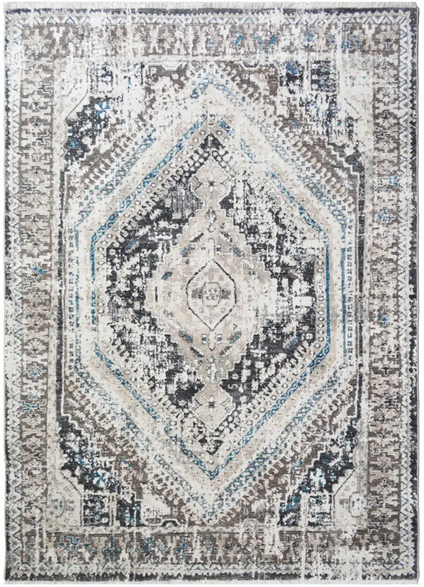 Gray Beige and Blue Geometric Distressed Area Rug With Fringe Photo 2