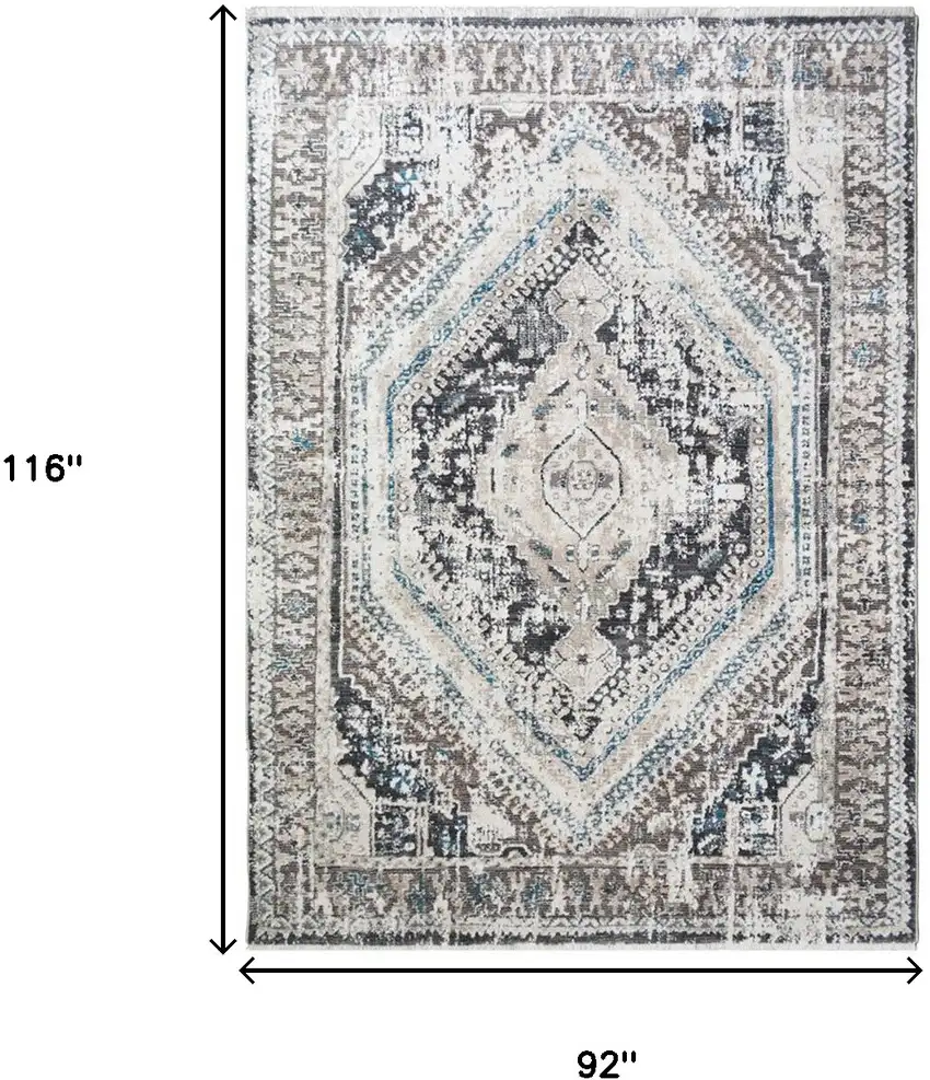 Gray Beige and Blue Geometric Distressed Area Rug With Fringe Photo 5
