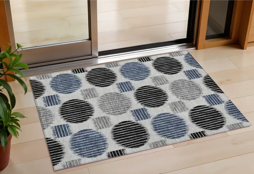 Gray Black And Blue Geometric Washable Indoor Outdoor Area Rug Photo 1