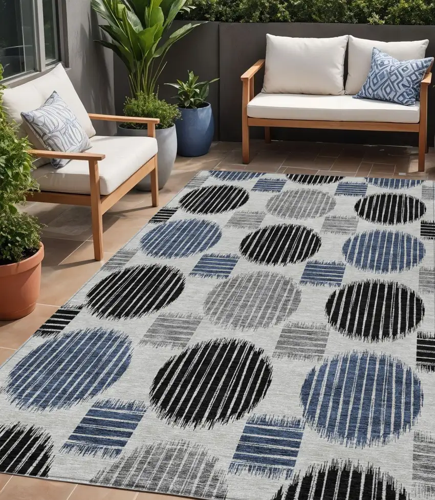 Gray Black And Blue Geometric Washable Indoor Outdoor Area Rug Photo 1