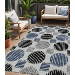 Photo of Gray Black And Blue Geometric Washable Indoor Outdoor Area Rug