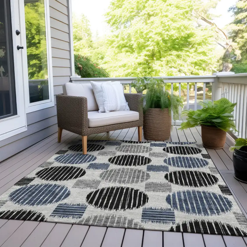 Gray Black And Blue Geometric Washable Indoor Outdoor Area Rug Photo 9