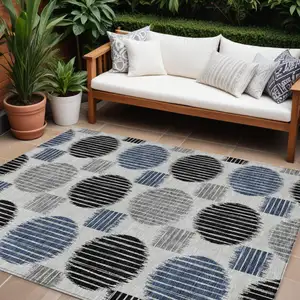 Photo of Gray Black And Blue Geometric Washable Indoor Outdoor Area Rug