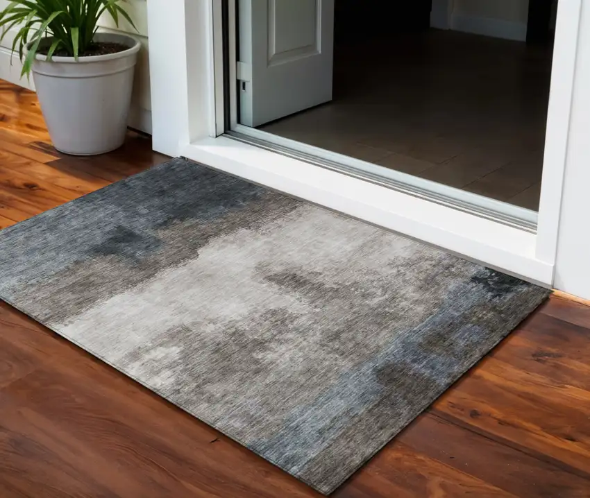 Gray Black And Brown Abstract Washable Indoor Outdoor Area Rug Photo 1