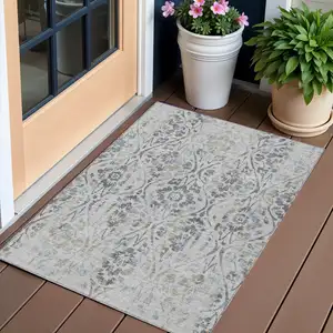 Photo of Gray Black And Green Floral Washable Indoor Outdoor Area Rug