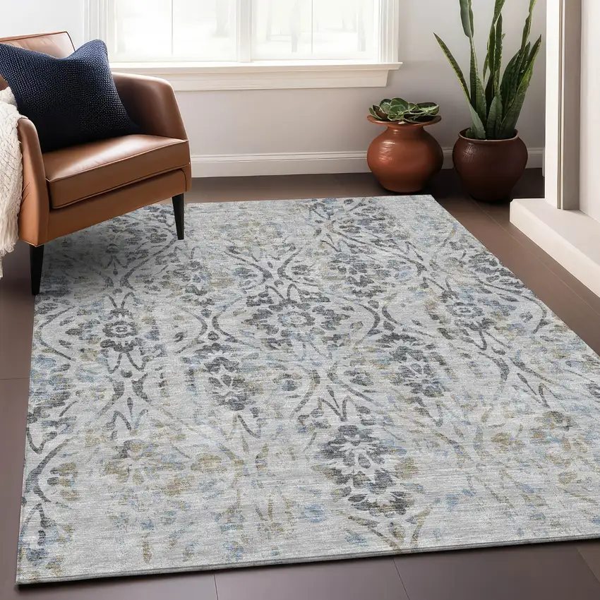 Gray Black And Green Floral Washable Indoor Outdoor Area Rug Photo 9