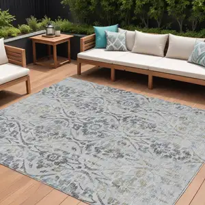 Photo of Gray Black And Green Floral Washable Indoor Outdoor Area Rug