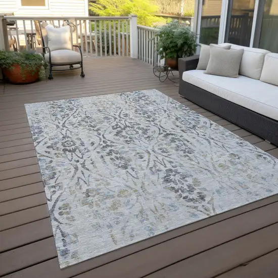 Gray Black And Green Floral Washable Indoor Outdoor Area Rug Photo 9