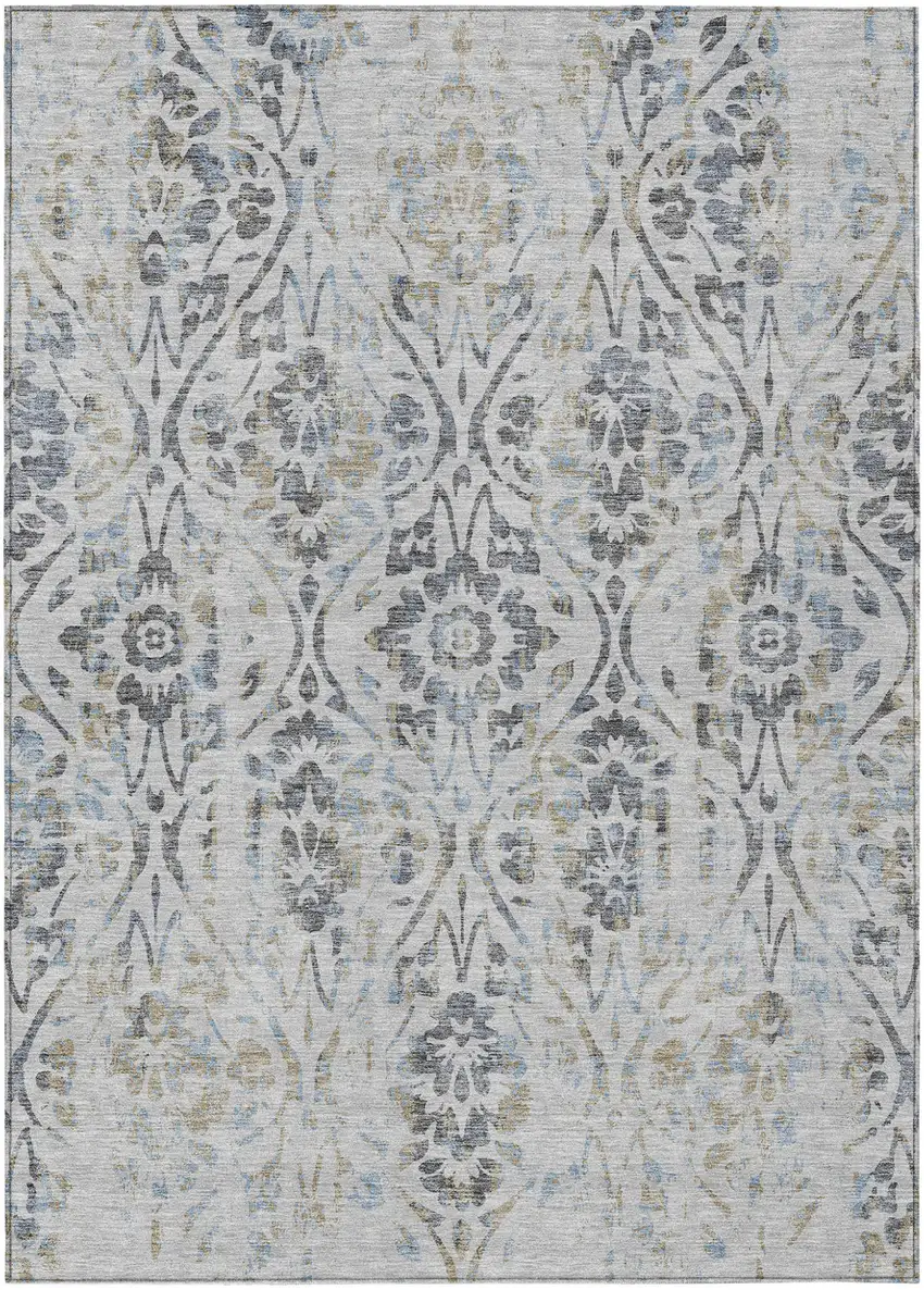Gray Black And Green Floral Washable Indoor Outdoor Area Rug Photo 2