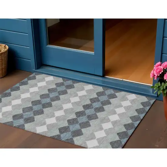 Gray Black And Green Geometric Washable Indoor Outdoor Area Rug Photo 1