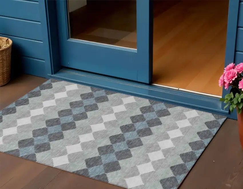 Gray Black And Green Geometric Washable Indoor Outdoor Area Rug Photo 1