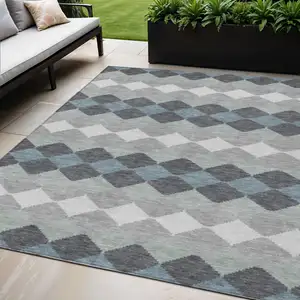 Photo of Gray Black And Green Geometric Washable Indoor Outdoor Area Rug