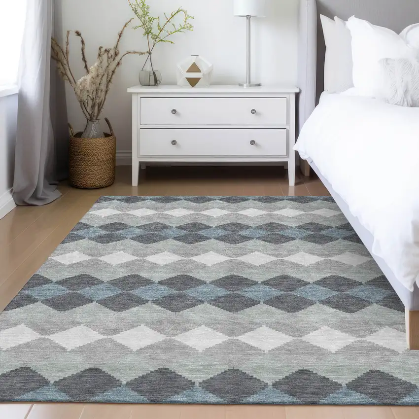 Gray Black And Green Geometric Washable Indoor Outdoor Area Rug Photo 9