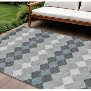 Photo of Gray Black And Green Geometric Washable Indoor Outdoor Area Rug