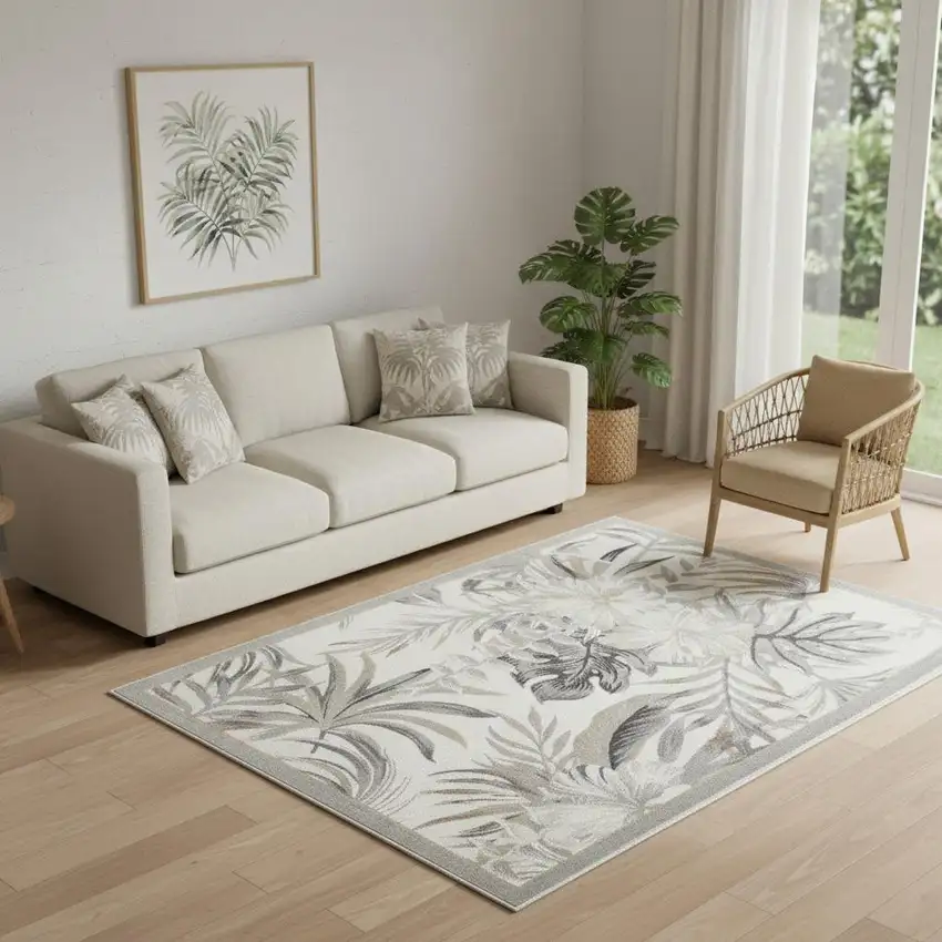 Gray Black And Ivory Botanical Leaves Area Rug Photo 1