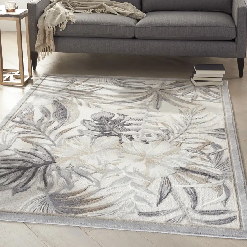 Gray Black And Ivory Botanical Leaves Area Rug Photo 5