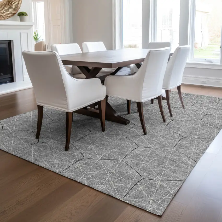 Gray Black And Ivory Geometric Washable Indoor Outdoor Area Rug Photo 8