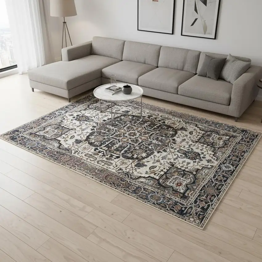 Gray Black And Ivory Medallion Area Rug Photo 1