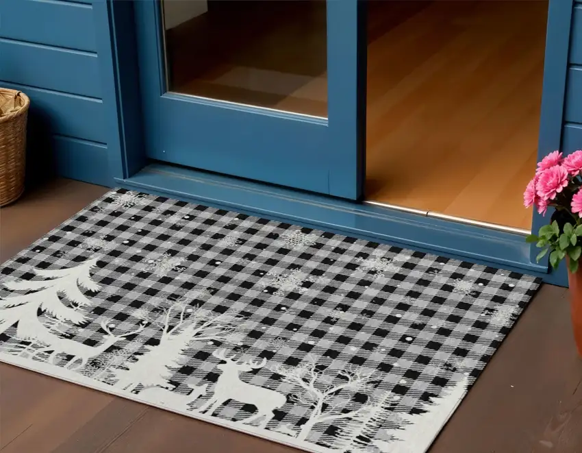 Gray Black And Ivory Plaid Washable Indoor Outdoor Area Rug Photo 2