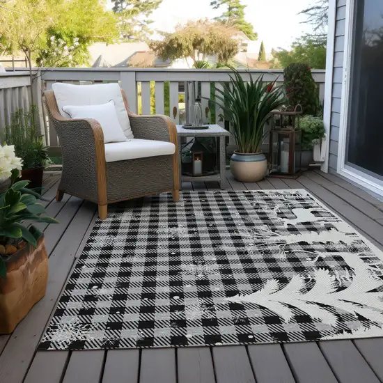Gray Black And Ivory Plaid Washable Indoor Outdoor Area Rug Photo 8