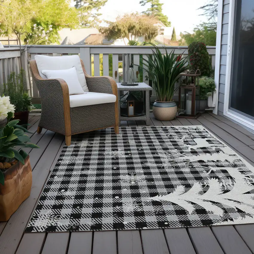 Gray Black And Ivory Plaid Washable Indoor Outdoor Area Rug Photo 8
