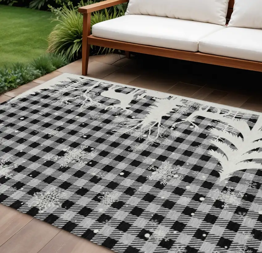 Gray Black And Ivory Plaid Washable Indoor Outdoor Area Rug Photo 2