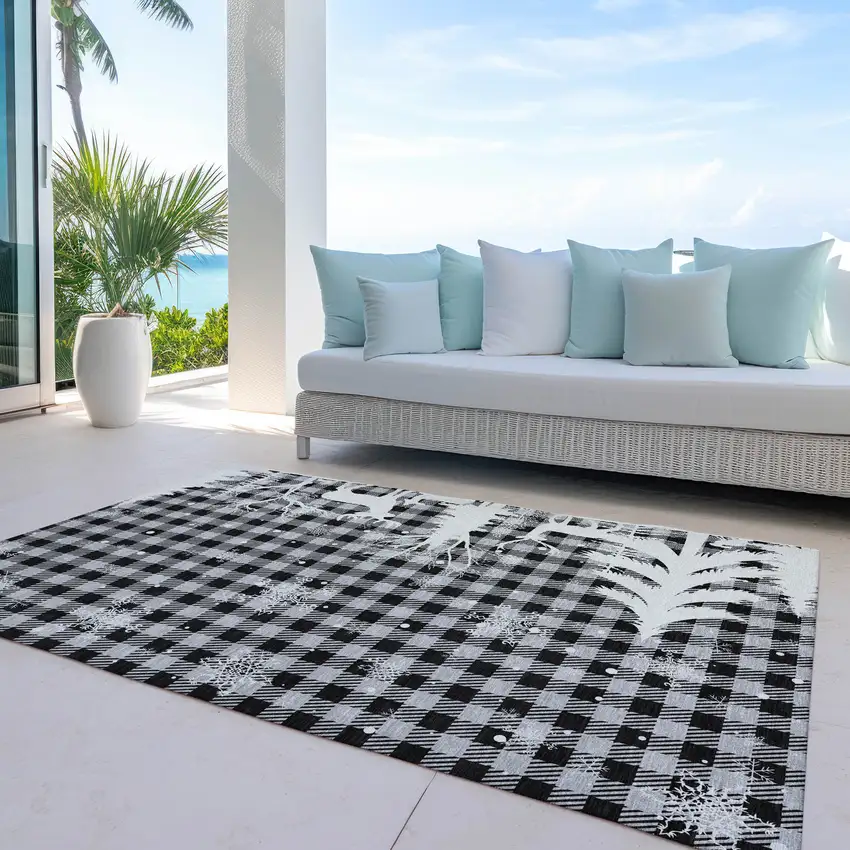 Gray Black And Ivory Plaid Washable Indoor Outdoor Area Rug Photo 4