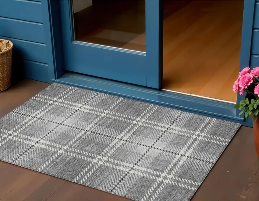 Gray Black And Ivory Plaid Washable Indoor Outdoor Area Rug Photo 1