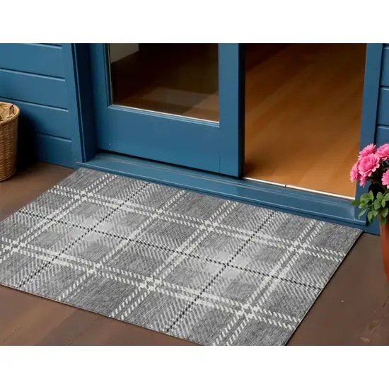 Gray Black And Ivory Plaid Washable Indoor Outdoor Area Rug Photo 1