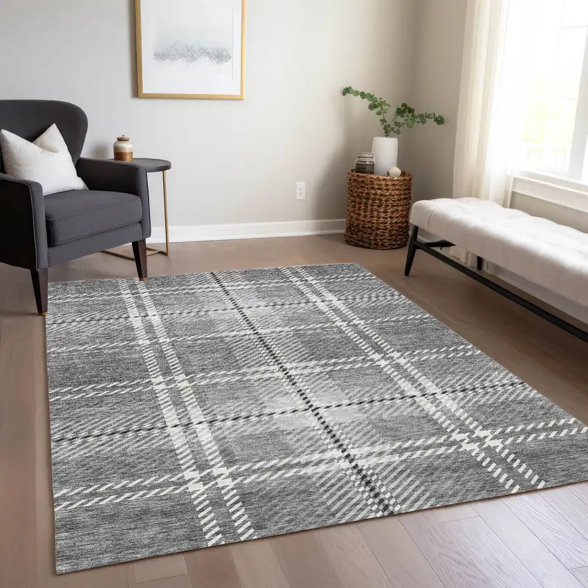 Gray Black And Ivory Plaid Washable Indoor Outdoor Area Rug Photo 9