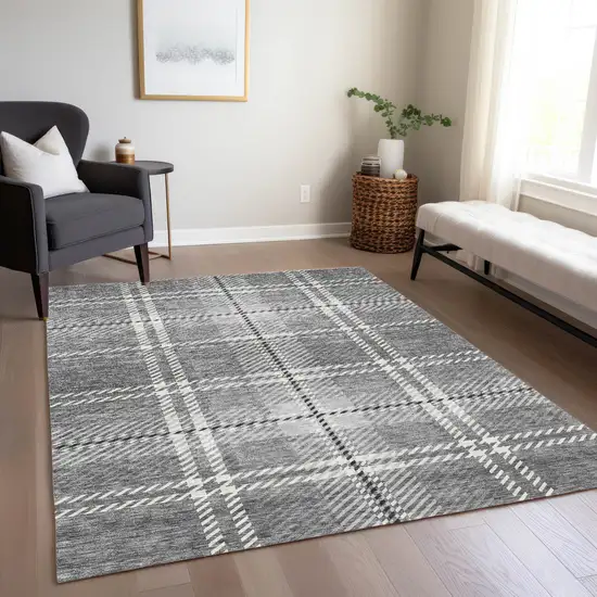 Gray Black And Ivory Plaid Washable Indoor Outdoor Area Rug Photo 9