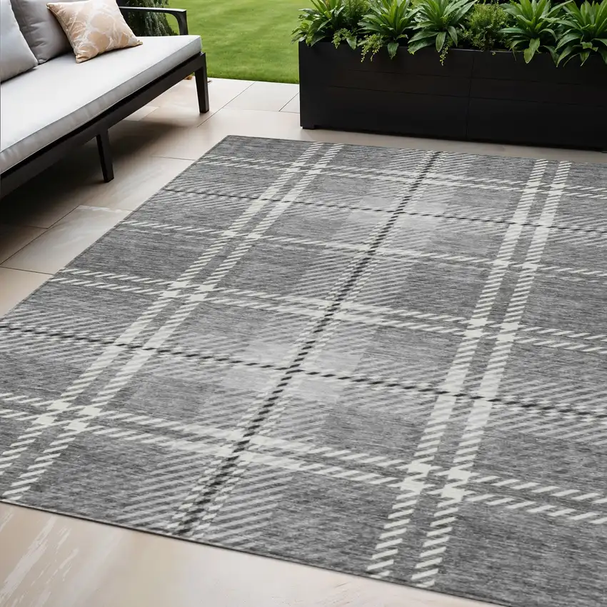 Gray Black And Ivory Plaid Washable Indoor Outdoor Area Rug Photo 1