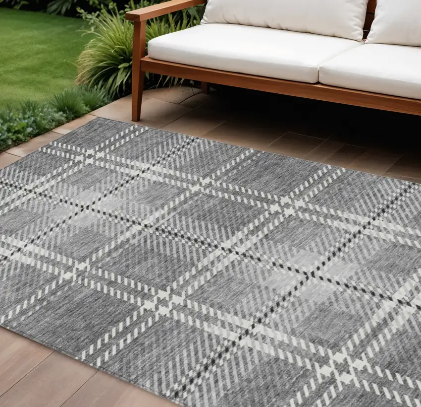 Gray Black And Ivory Plaid Washable Indoor Outdoor Area Rug Photo 1