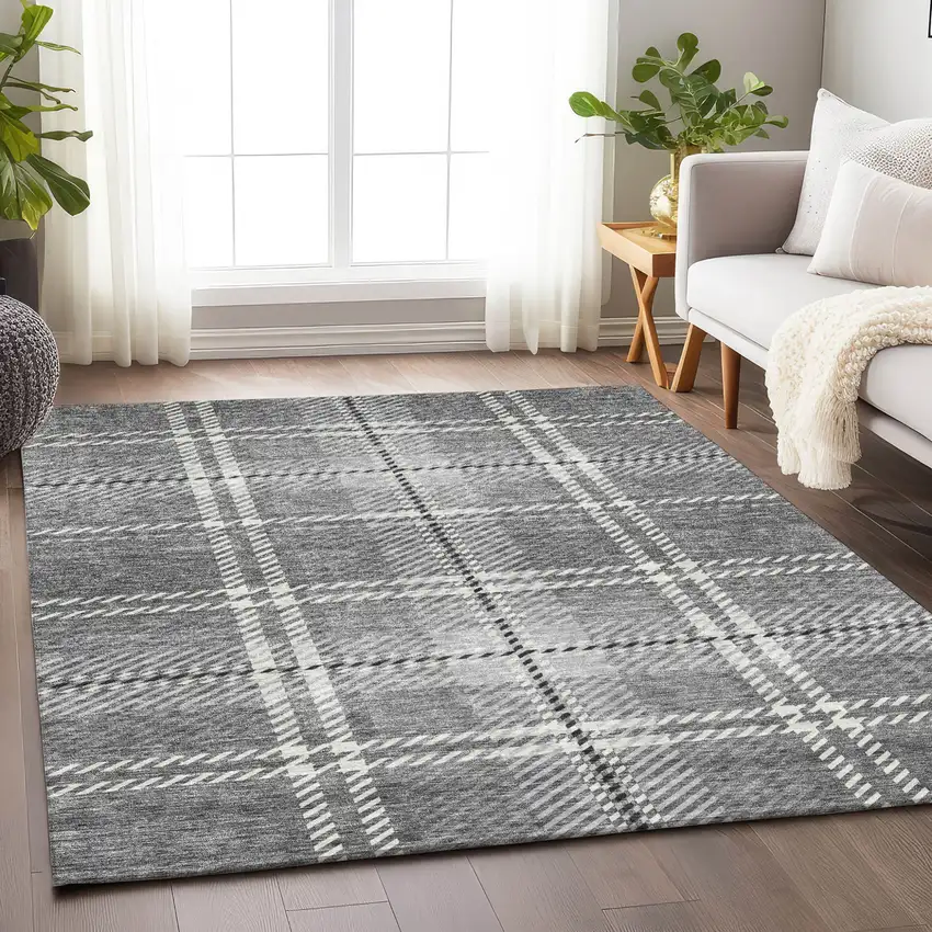 Gray Black And Ivory Plaid Washable Indoor Outdoor Area Rug Photo 9