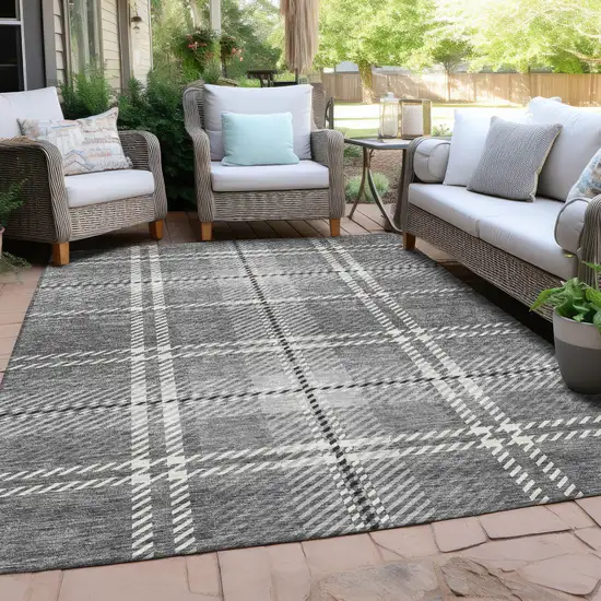 Gray Black And Ivory Plaid Washable Indoor Outdoor Area Rug Photo 8