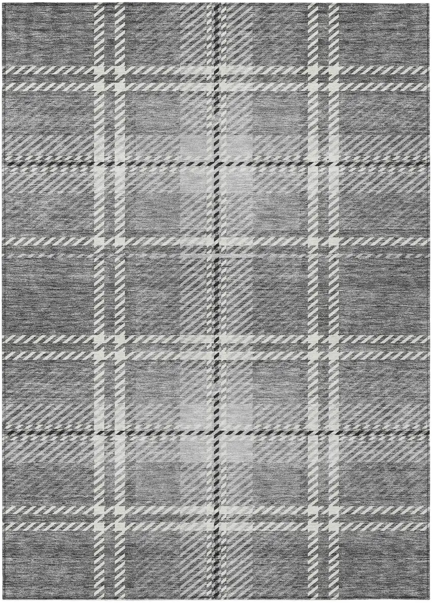 Gray Black And Ivory Plaid Washable Indoor Outdoor Area Rug Photo 2