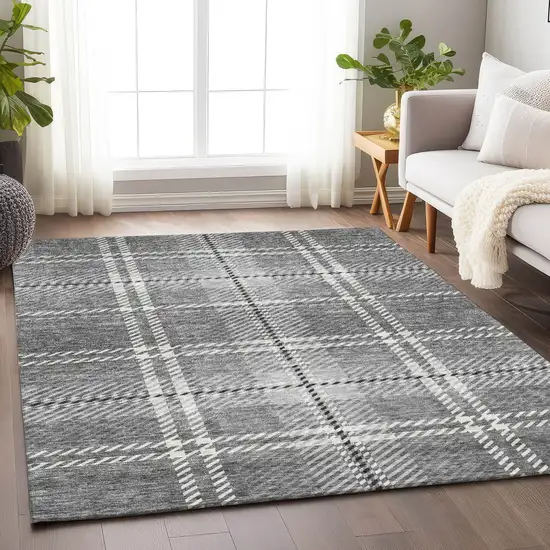 Gray Black And Ivory Plaid Washable Indoor Outdoor Area Rug Photo 9