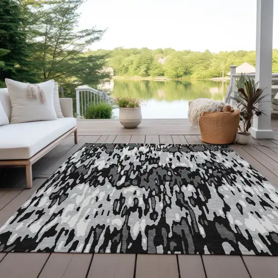 Gray Black And Ivory Striped Washable Indoor Outdoor Area Rug Photo 9