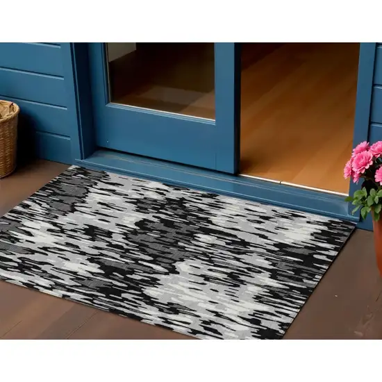 Gray Black And Ivory Striped Washable Indoor Outdoor Area Rug Photo 1