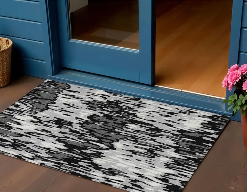 Gray Black And Ivory Striped Washable Indoor Outdoor Area Rug Photo 1