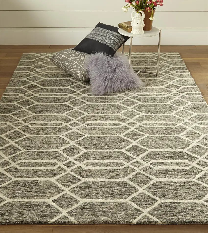 Gray Black And Ivory Wool Geometric Tufted Handmade Stain Resistant Area Rug Photo 8