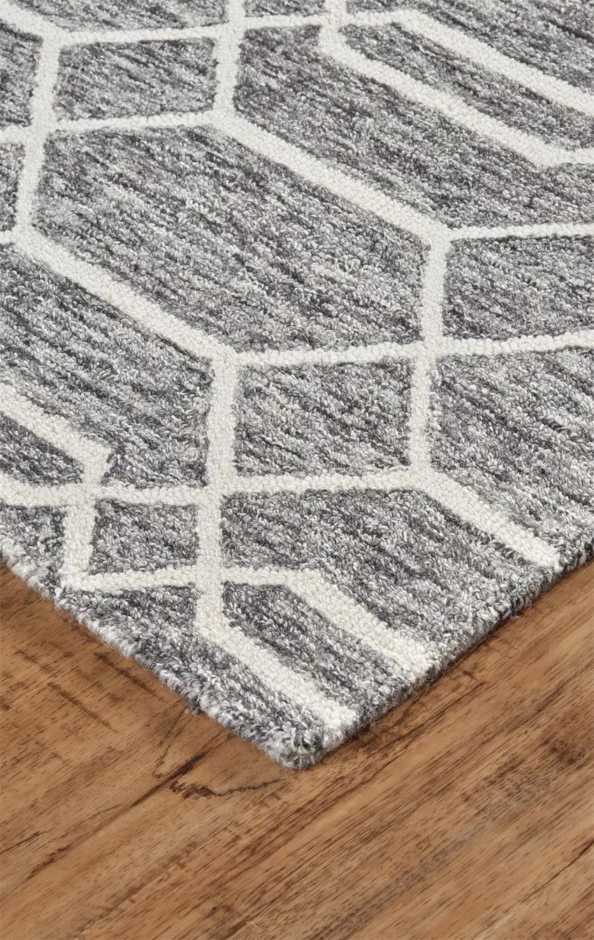 Gray Black And Ivory Wool Geometric Tufted Handmade Stain Resistant Area Rug Photo 6