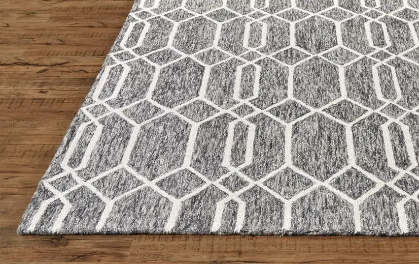Gray Black And Ivory Wool Geometric Tufted Handmade Stain Resistant Area Rug Photo 7